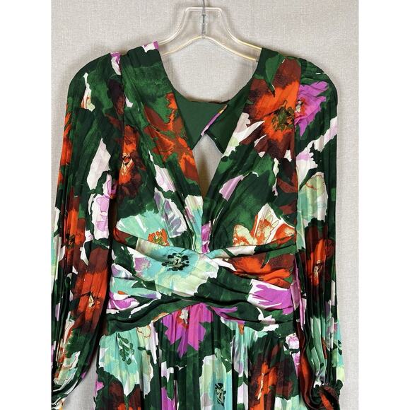 Anthropologie Size 6 Maeve Pleated Long Dress V Neck Green Floral Wedding Date - Picture 13 of 14